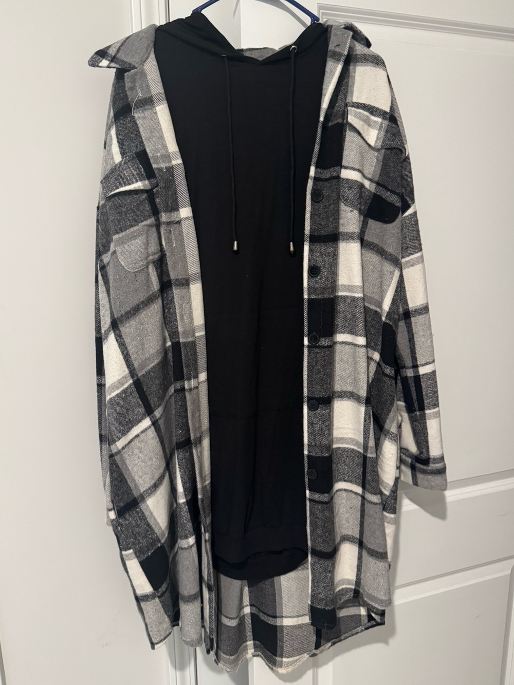 Black Plaid Shacket with Black Hoodie Dress